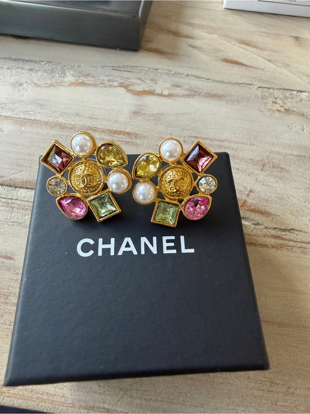 Vintage Chanel Multicolor Gemstone Crystal Pearl Cluster Stud Earring Authentic